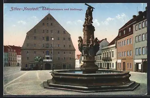 AK Zittau, Herkulesbrunnen und Stadtwaage in der Neustadt