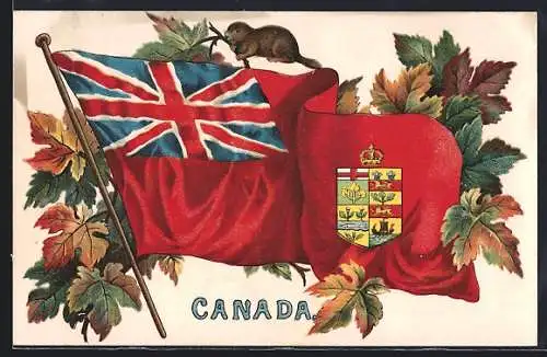 Künstler-AK Canada, Natioanlflagge zwischen Ahornblättern