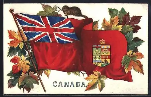 Künstler-AK Canada, Natioanlflagge zwischen Ahornblättern