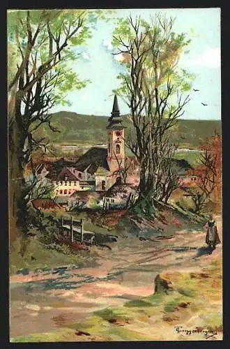 Künstler-AK Theodor Guggenberger: Schäftlarn, Teilansicht mit Kirche