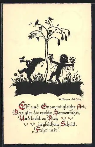 Künstler-AK Marta Sachse-Schubert: Zwerg und Elfe laufen über eine Blumenwiese