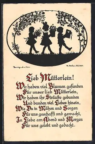 Künstler-AK Marta Sachse-Schubert: Drei Kinder mit Blumen und Geschenken