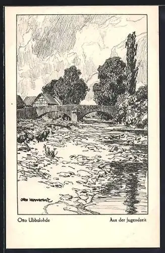 Künstler-AK Ubbelohde: Aus der Jugendzeit, Brücke über einen Fluss