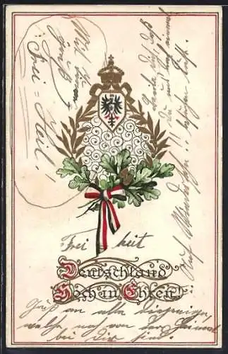 Künstler-AK Wappen mit Eichenlaub und Schleife der Reichsfahne, Spruch Deutschland Hoch in Ehren