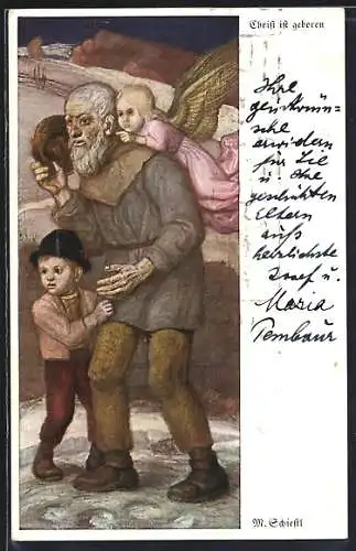 Künstler-AK Matthäus Schiestl: Grossvater mit seinem Enkel und Engel