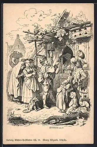 Künstler-AK Ludwig Richter: Menschen bestaunen einen Rattenfänger