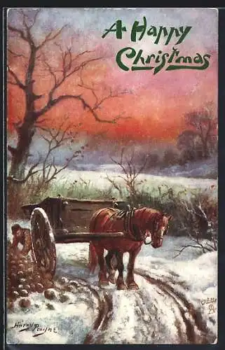 Künstler-AK Harry Payne: Pferdekarren im Schnee, A Happy Christmas