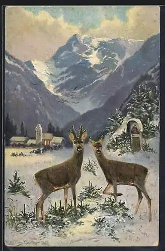 Künstler-AK M.Müller jun.: Rehpaar vor einem Schrein im Winter