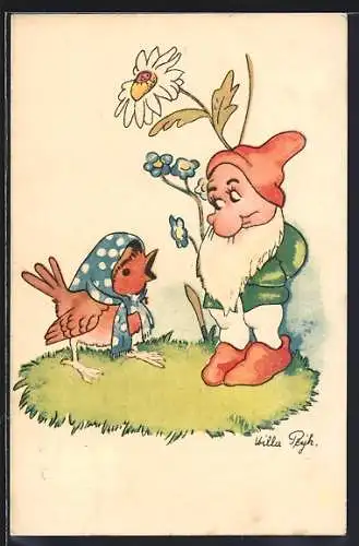 Künstler-AK Hilla Peyk: Zwerg bringt Rotkehlchen eine Blume