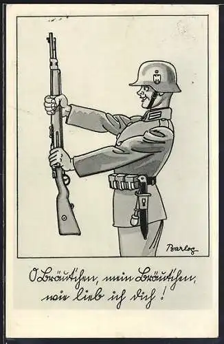 Künstler-AK Ferdinand Barlog: Wehrmachtssoldat hält sein Gewehr in den Händen, Soldatenhumor