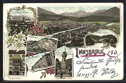 Lithographie Innsbruck, Gesamtansicht, K.k. Universität, Sillfall u. Berg Isel, Denkmal Andreas Hofer, das goldene Dachl