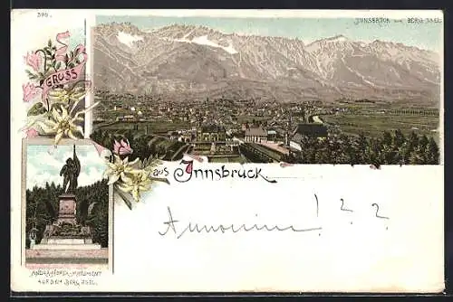 Lithographie Innsbruck, Andrä-Hofer-Denkmal, Gesamtansicht vom Berg Isel aus