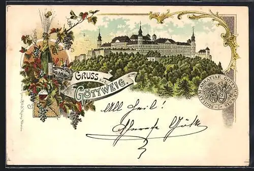 Lithographie Göttweig, Blick auf die Burg, Sektflasche, Weinrebe