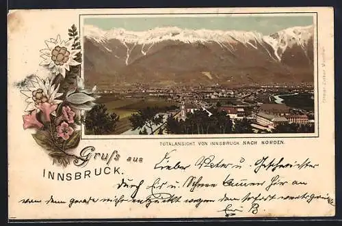 Lithographie Innsbruck, Totalansicht der Stadt nach Norden