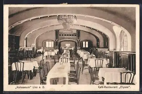 AK Linz a. D., Kolosseum, Café-Restaurant Elysee, Innenansicht