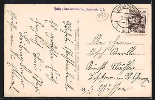 AK Sippachzell /O.-Ö., Strassenpartie mit Strassenpartie, Fliegeraufnahme