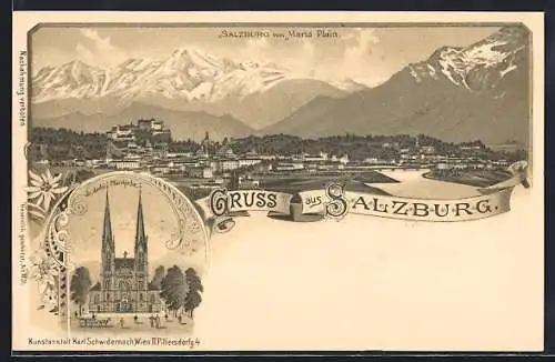 Lithographie Salzburg, Wallfahrtskirche Maria Plain, Ortsansicht von Maria Plain aus gesehen