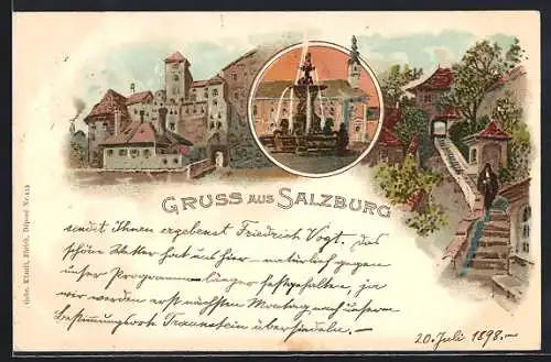 Lithographie Salzburg, Burg, Brunnen, Treppe