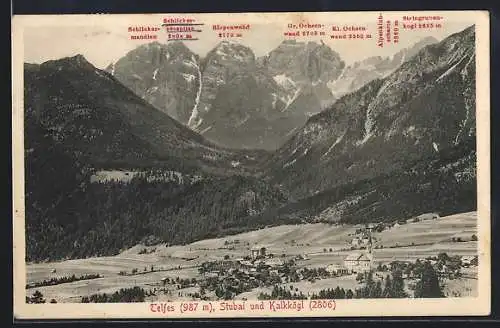 AK Telfes, Teilansicht mit Stubai und Kalkkögl, Kl. Ochsenwand, Riepenwand und Steingrubenkogl