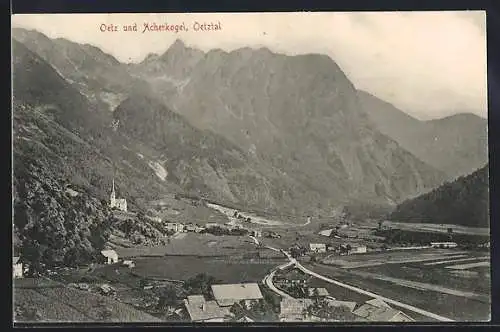 AK Oetz /Oetztal, Ortspartie mit Strassen und Acherkogel