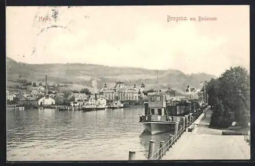 AK Bregenz am Bodensee, Uferpartie mit Dampfboot