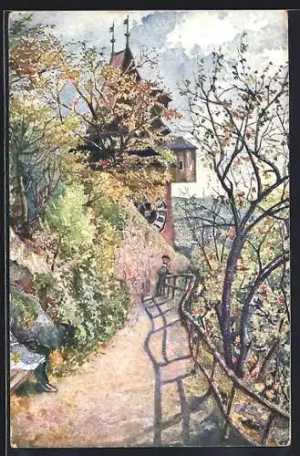 AK Graz, Wegpartie am Uhrturm am Schlossberg