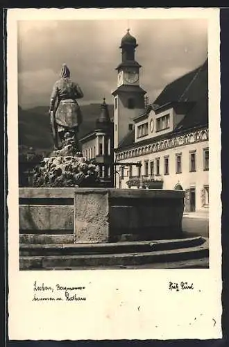 AK Leoben, Bergmannsbrunnen mit Rathaus