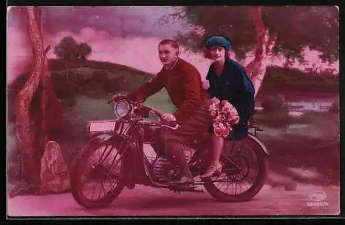 AK Motorrad DKW, Dame auf dem Sozius