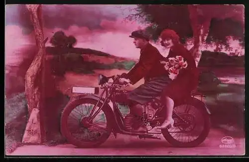 AK Motorrad DKW, Dame auf dem Sozius