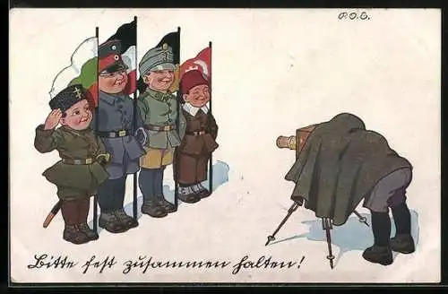 Künstler-AK P. O. Engelhard (P.O.E.): Bitte fest zusammen halten!, Soldaten des Vierbundes mit Türkei