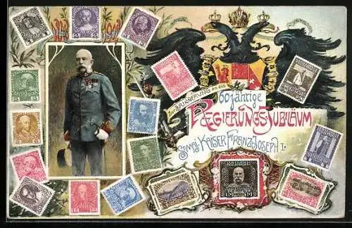 AK Briefmarken zu Kaiser Franz Josef I. von Österreichs 60. Regierungs-Jubiläum 1908, Adler, Wappen