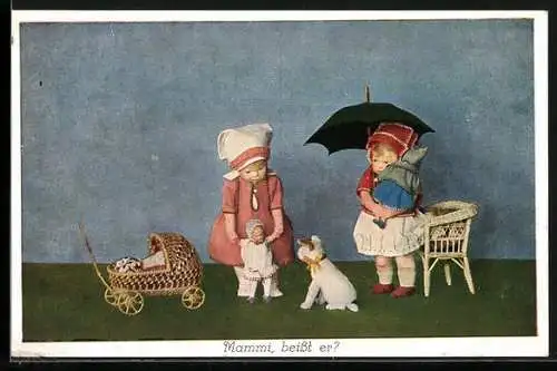 AK Käthe Kruse-Puppe, Zwei Mädchen mit Babys und Hund