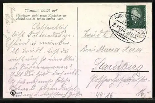 AK Käthe Kruse-Puppe, Zwei Mädchen mit Babys und Hund