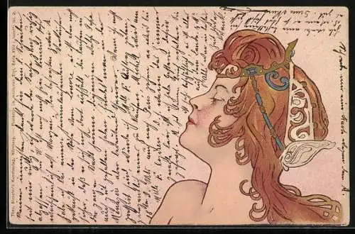 AK Dame mit Kopfschmuck im Jugendstil