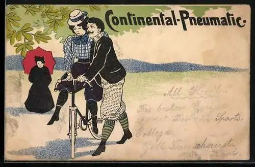 Künstler-AK Reklame für Fahrräder von Continental-Pneumatic, Herr schiebt Dame auf Fahrrad
