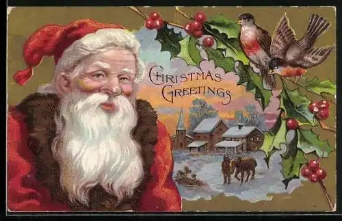 AK Christmas Greetings, Weihnachtsmann und Vögel