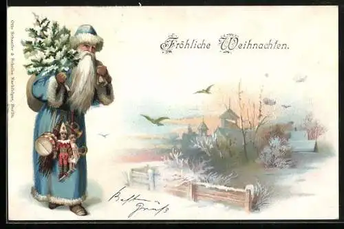 Lithographie Weihnachtsmann mit Christbäumchen und Geschenken