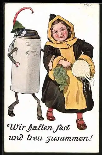 Künstler-AK P. O. Engelhard (P.O.E.): Münchner Kindl und Bierkrug mit Gesicht