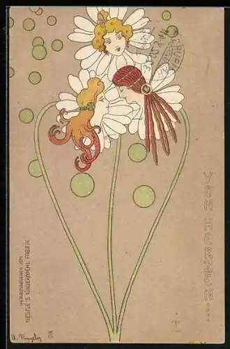 Künstler-AK sign.A. Miggeler: Bildnis von Damen in Gänseblümmchen, Jugendstil