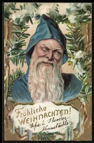 AK Weihnachtsmann mit blauer Kapuze