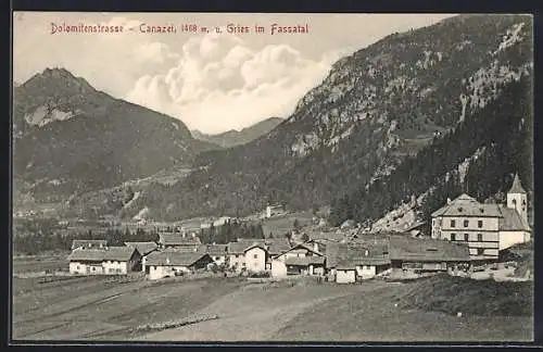 AK Canazei, Ortsansicht aus der Vogelschau
