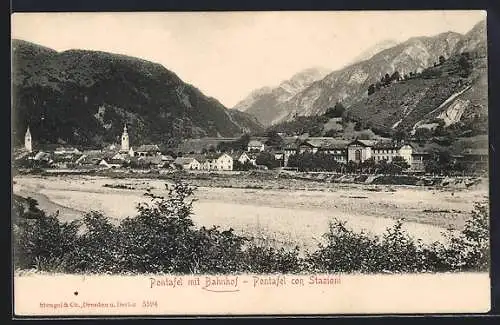 AK Pontafel, Bahnhof mit Ortsansicht, Panorama con Stazioni