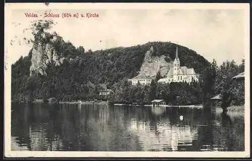 AK Bled / Veldes, Blick auf Schloss und Kirche