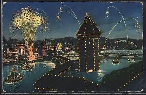 AK Luzern, Kapellebrücke während des Seenachtsfestes, Feuerwerk
