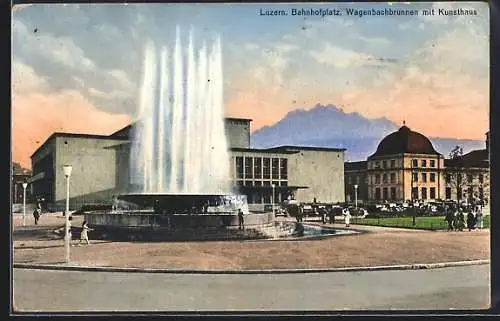 AK Luzern, Bahnhofsplatz mit Wagenbachbrunnen und Kunsthaus