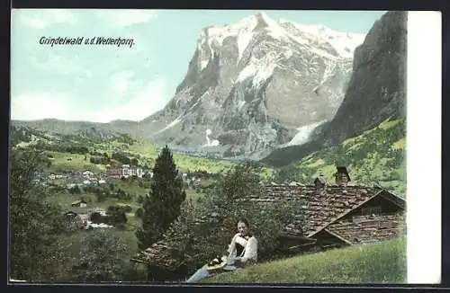 AK Grindelwald, Frau am Abhang vor Ortschaft, Blick zum Wetterhorn, um 1900
