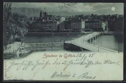 Mondschein-AK Genève, Flusspartie mit Brücke