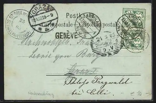 Mondschein-AK Genève, Flusspartie mit Brücke