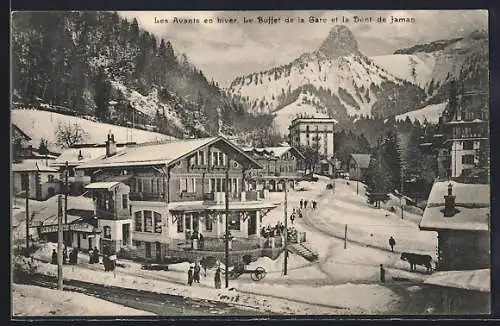 AK Les Avants, Le Buffet de la Gare et la Dent de Jaman en hiver