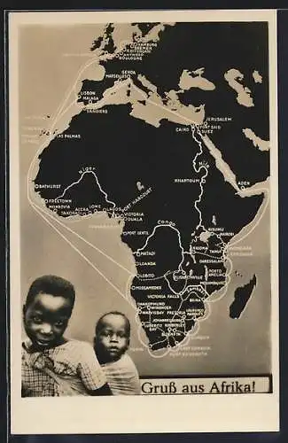 AK Khartoum, Landkarte mit Las Palmas, Loanda und Aden, Afrikanische Kinder